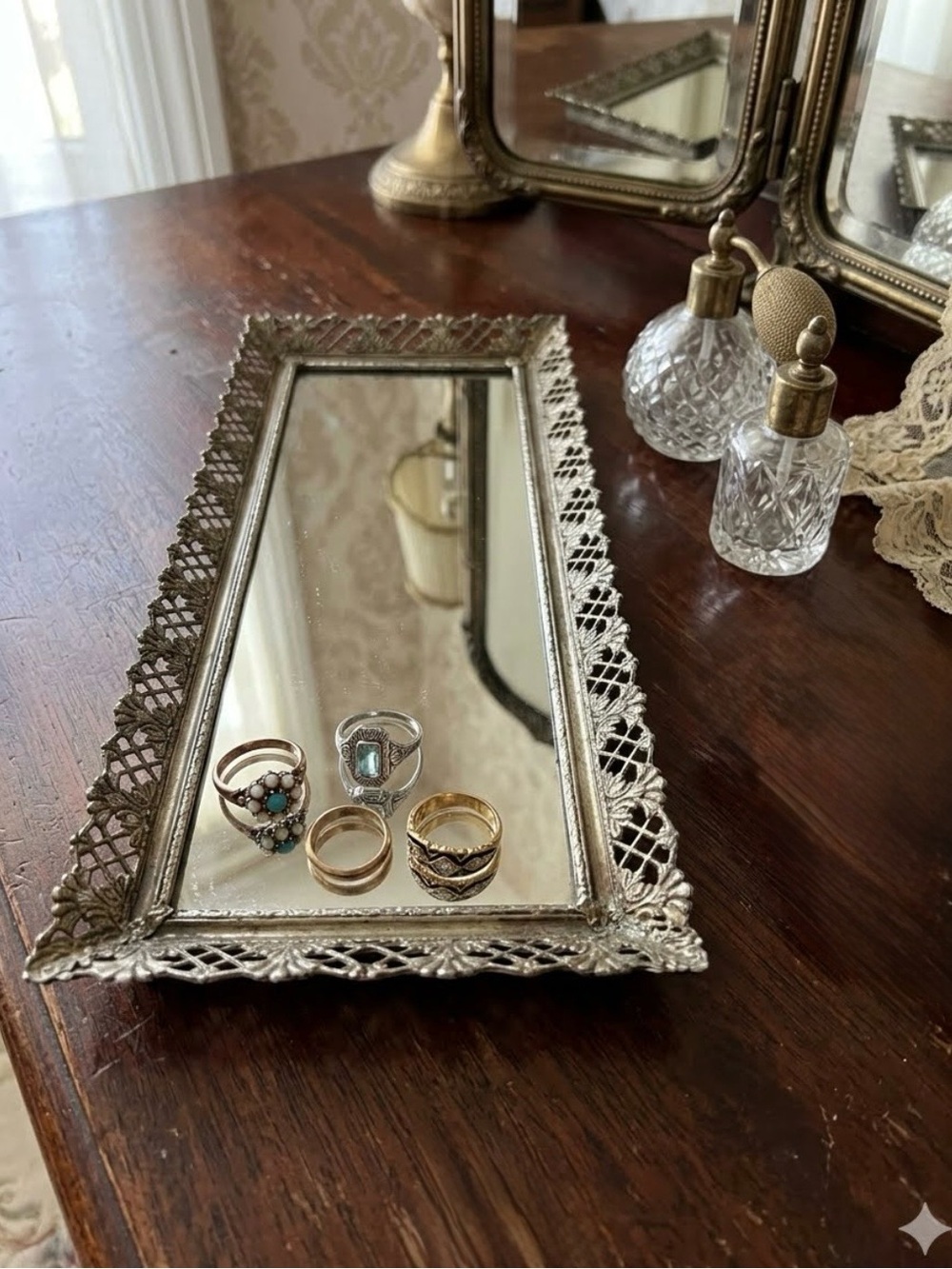 Vintage Vanity Tray Brass Filigree Metal Rectangular Framed Narrow Small Mirror